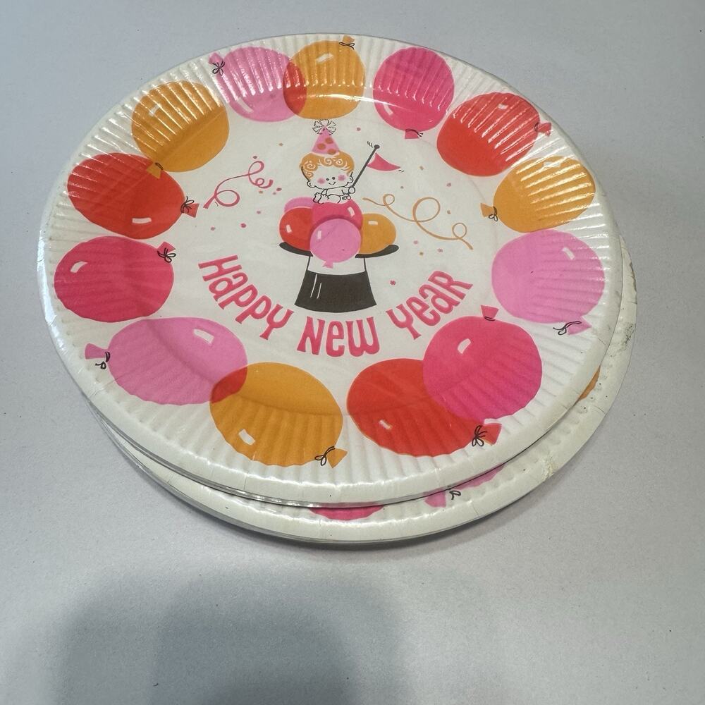 Vintage 70s Happy New Year Party Cake Dessert Plates American Greetings New